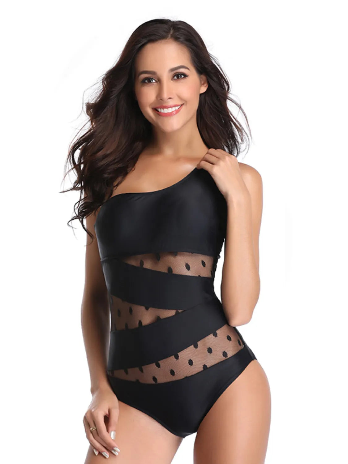 One Shoulder Polka Dot One-Piece Swimwear - cas7m