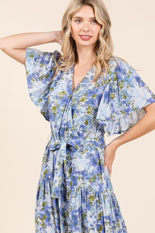 Mittoshop Floral Tie Waist Flutter Sleeve Tiered Dress - cas7m