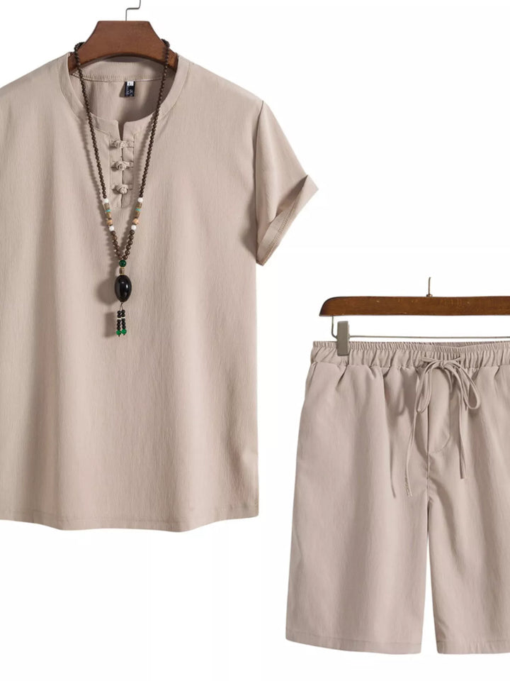 Men's Plus Size Mandarin Collar Short Sleeve Shirt and Shorts Set - cas7m