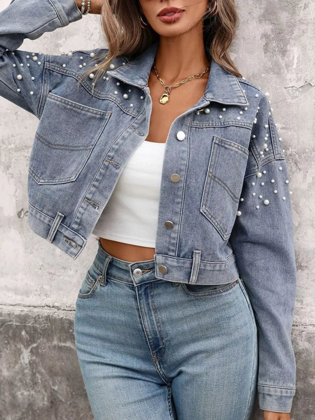 Pearl Embellished Cropped Denim Jacket - cas7m
