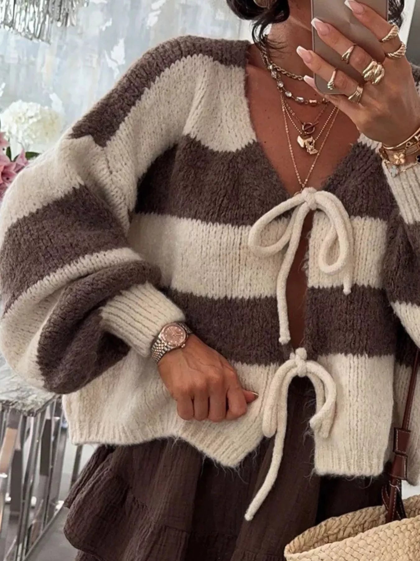 Striped Tie-Front Knit Cardigan - cas7m