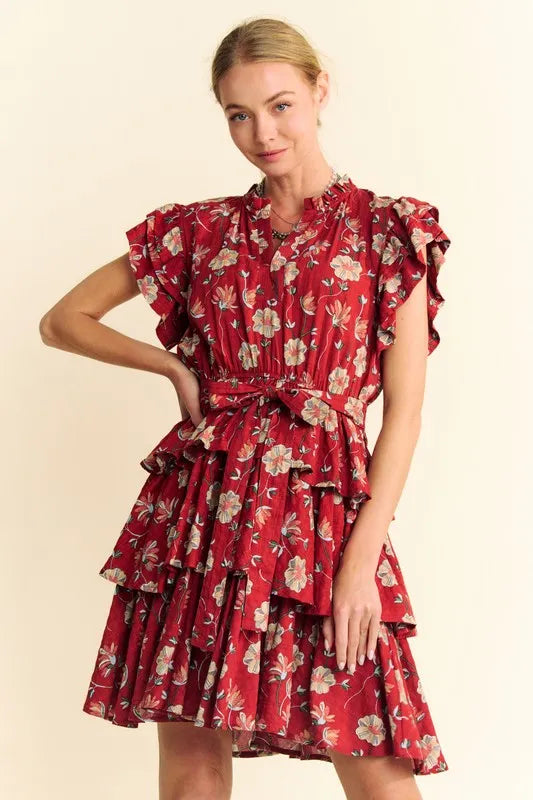 Davi & Dani Ruffle Flutter Sleeve Tie Belt Tiered Mini Dress - cas7m
