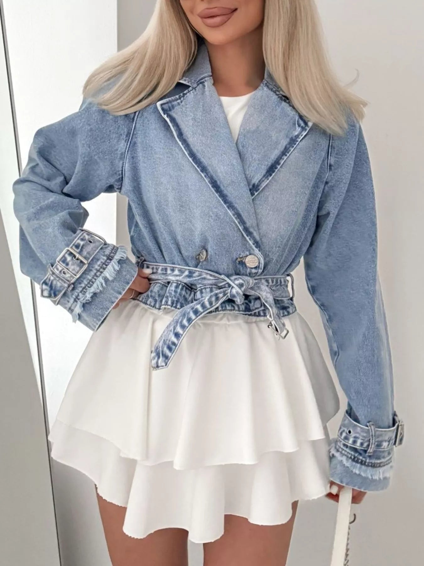 Long Sleeve Crop Denim Jacket - cas7m