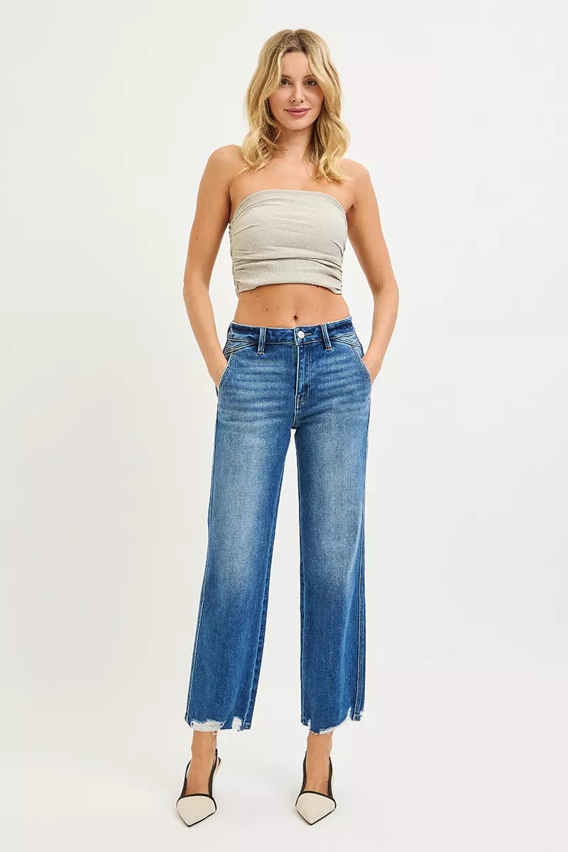 RISEN High Rise Ankle Straight Distressed Hem Detail Jeans - cas7m