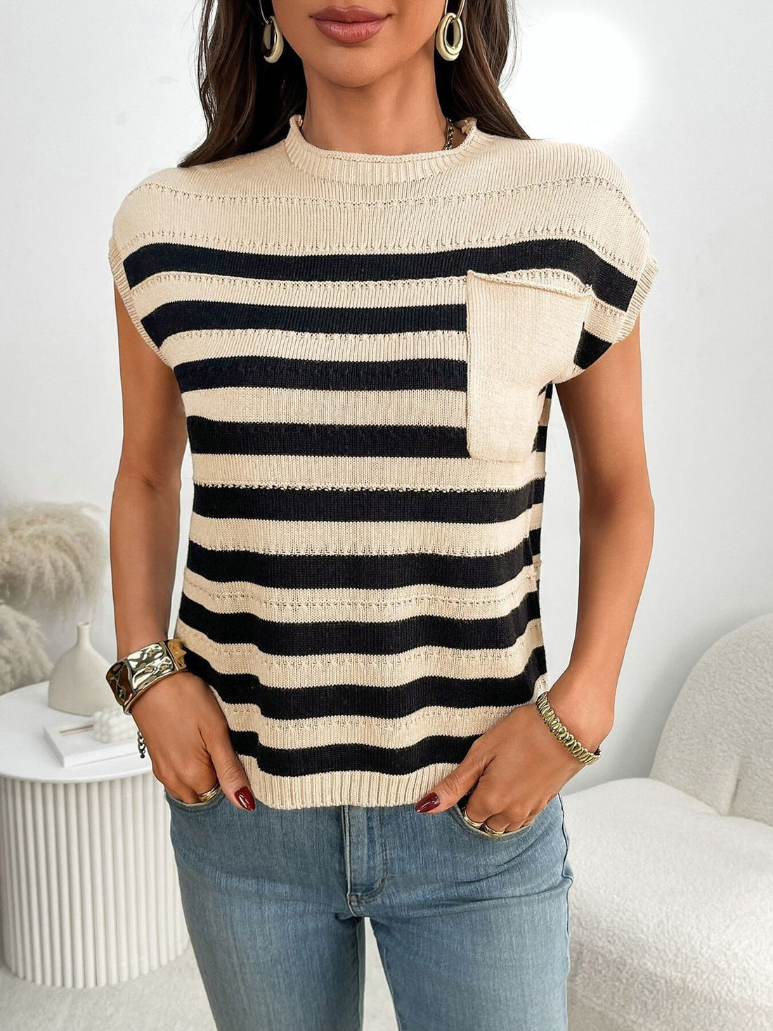 Striped Knit Pocket Detail Cap Sleeve Sweater - cas7m