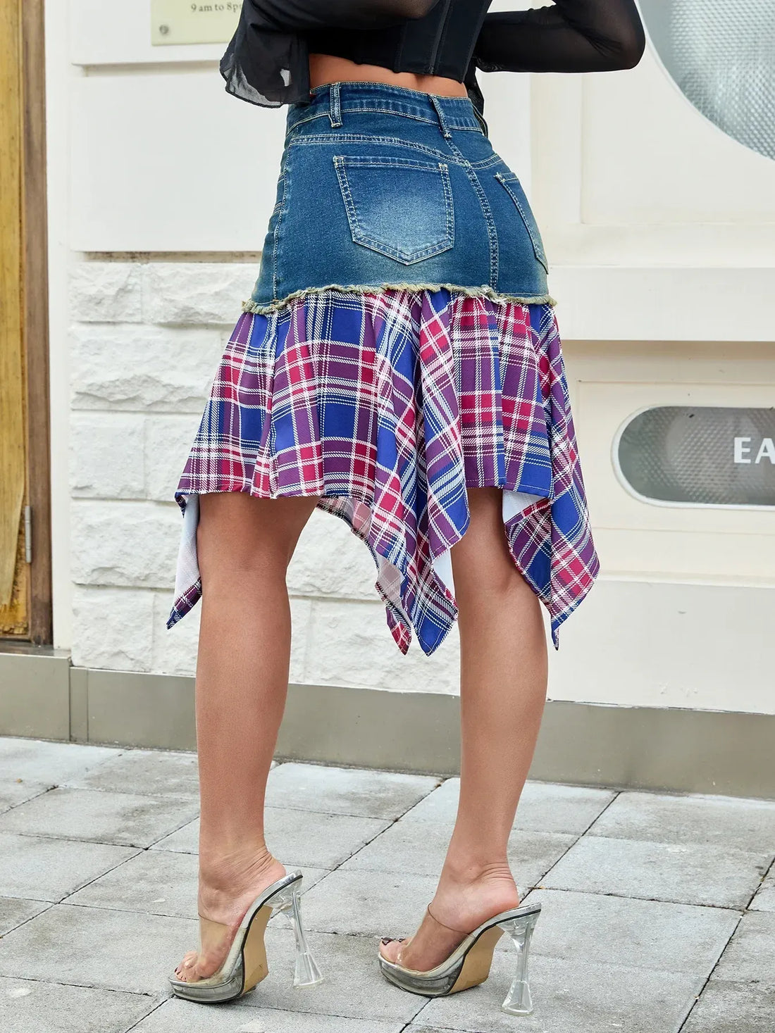 Asymmetric Plaid Hem Denim Skirt - cas7m