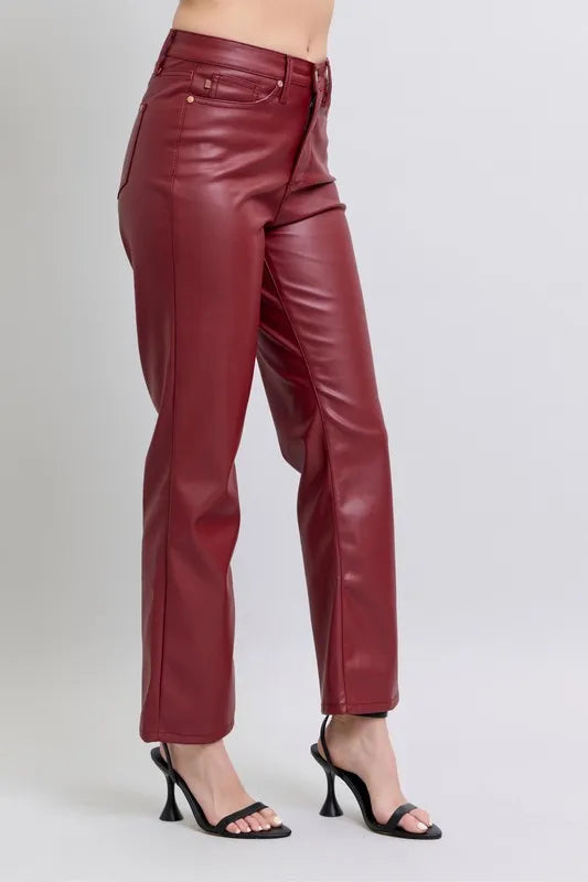 Judy Blue Full Size High Waist Tummy Control Faux Leather Straight Pants Plus Size - cas7m