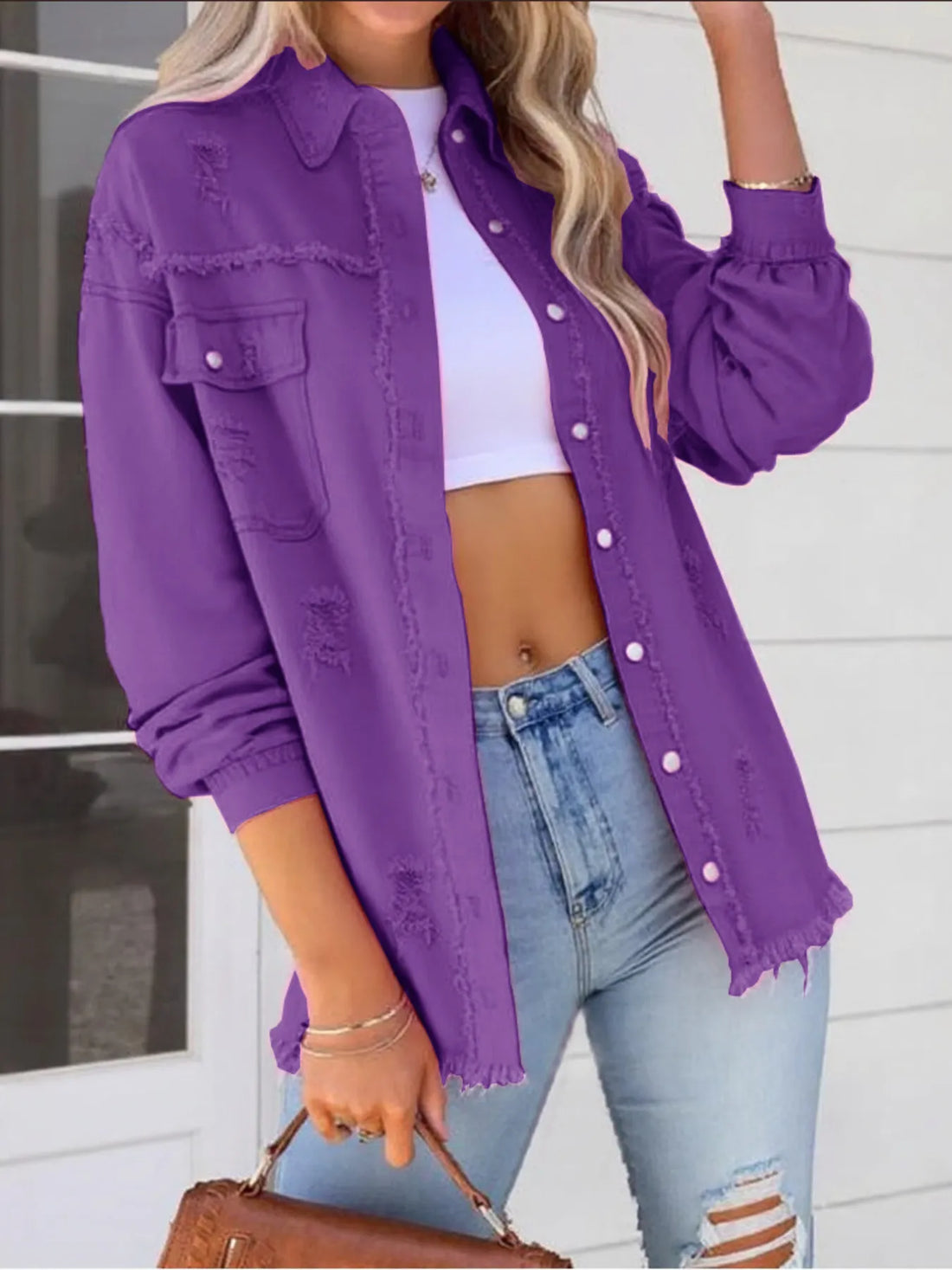 Distressed Denim Jacket with Frayed Edges - cas7m