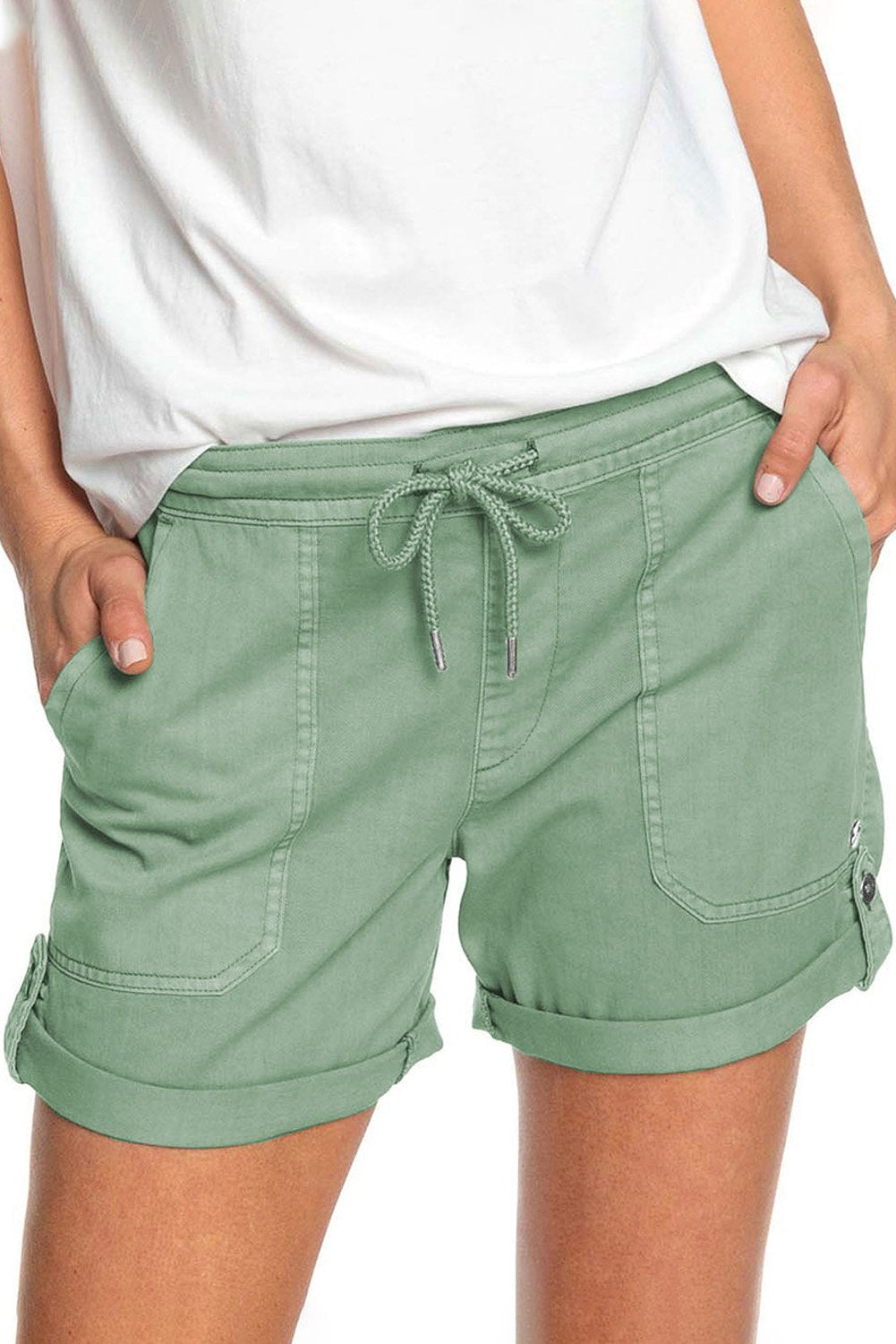 Elastic Waistband Pocket Drawstring Shorts with Button - cas7m