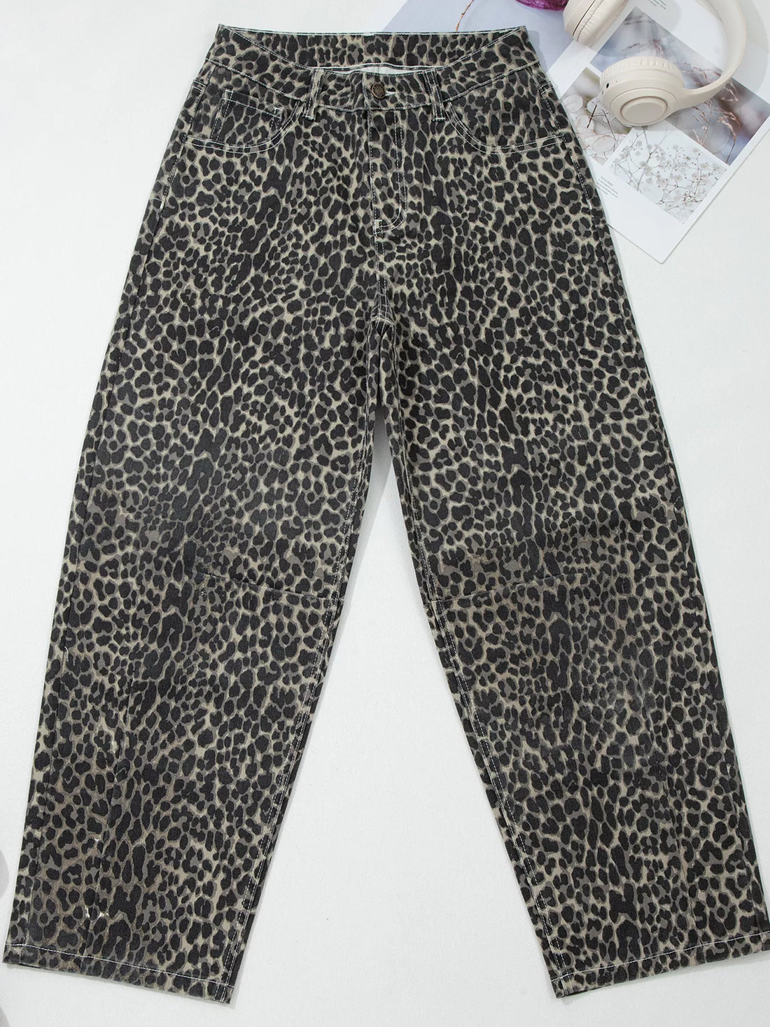 Leopard Print High Waist Barrel Jeans - cas7m