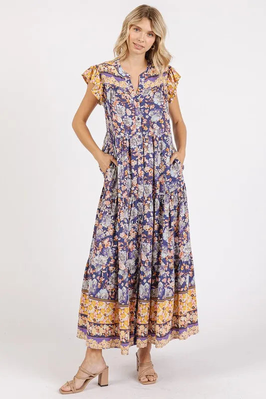 Mittoshop Floral Ruffled Notched Cap Sleeve Maxi Dress - cas7m