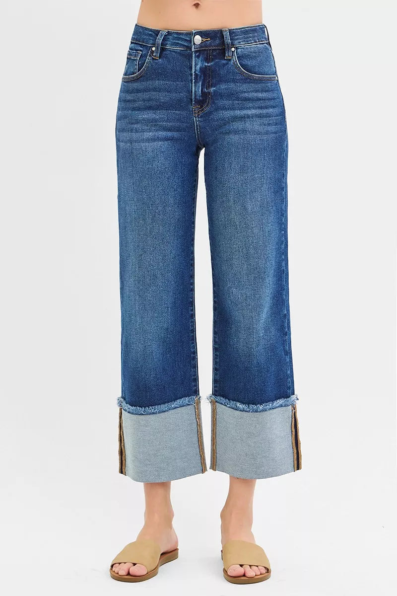 RISEN Full Size Mid Rise Crop Wide Wide Cuffed Jeans Plus Size - cas7m