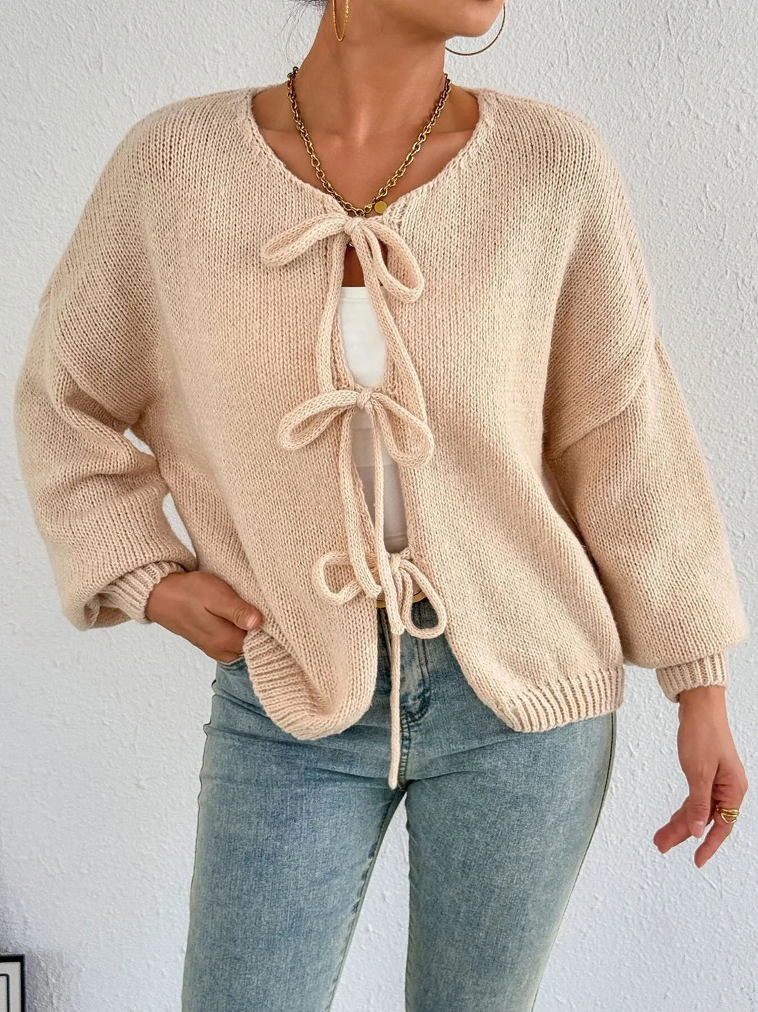 Cozy Bow-Tie Front Knit Cardigan - cas7m