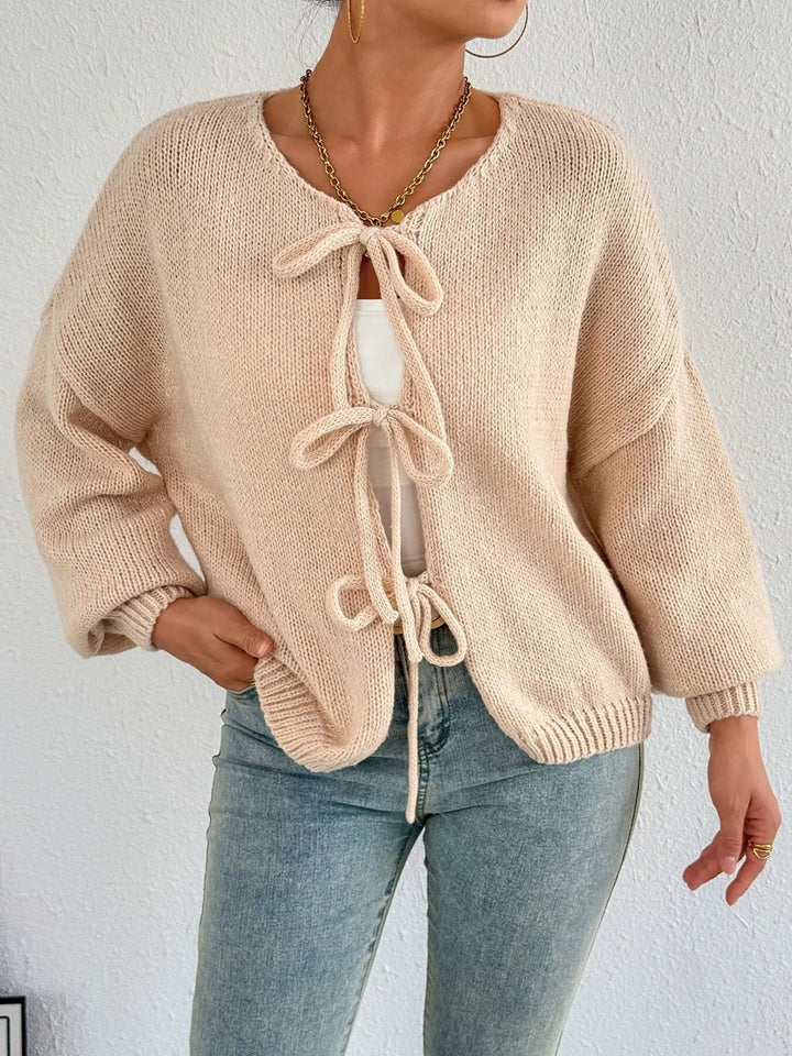 Cozy Bow-Tie Front Knit Cardigan - cas7m