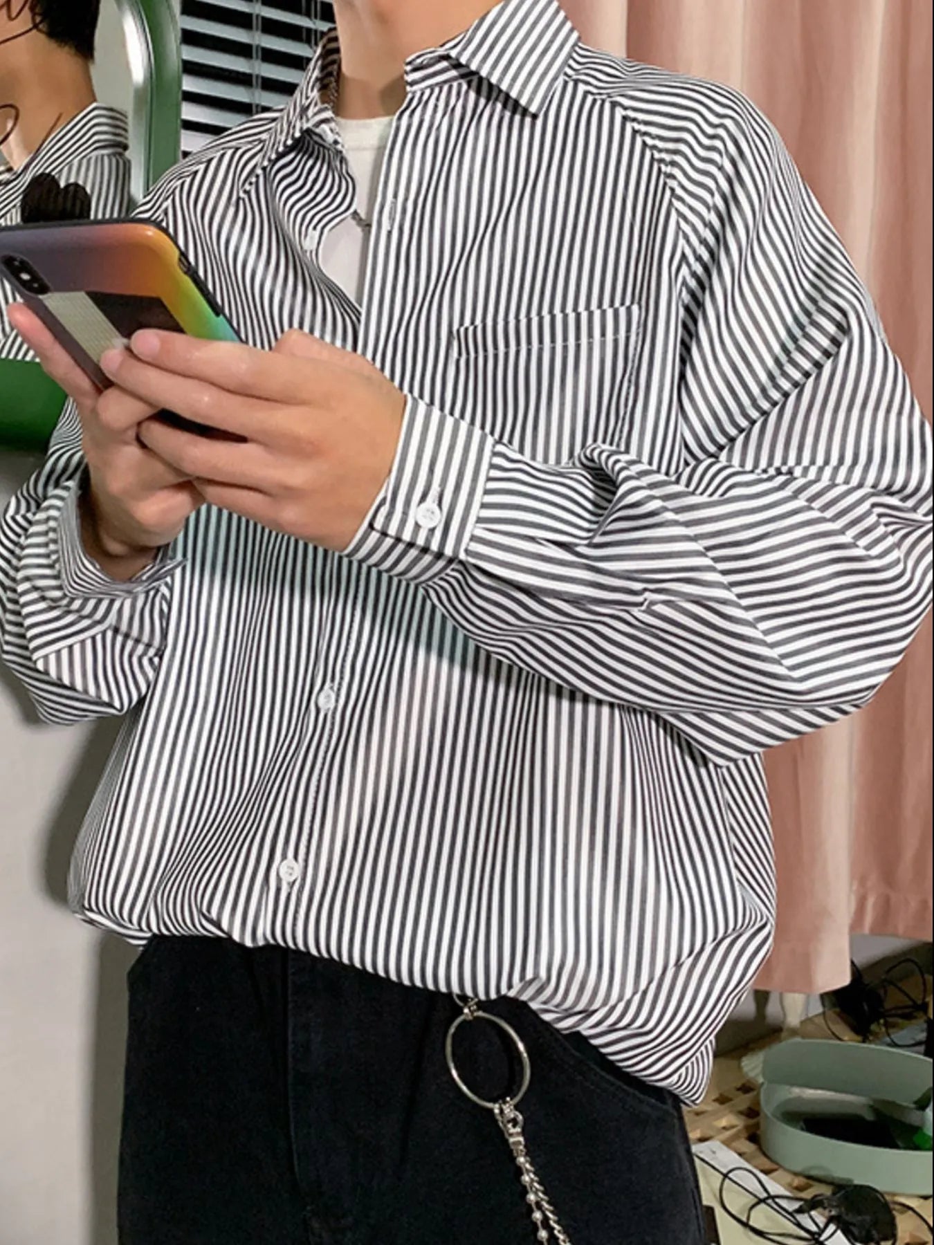 Men's Striped Long Sleeve Button-Up Shirt - cas7m