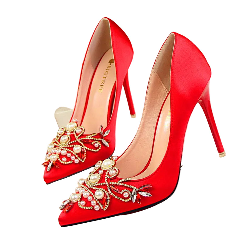 Elegant Satin Pointed-Toe High Heels with Pearls