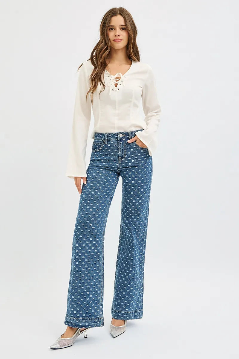 RISEN High Rise Wide Leg Bow Embroidered Jeans - cas7m