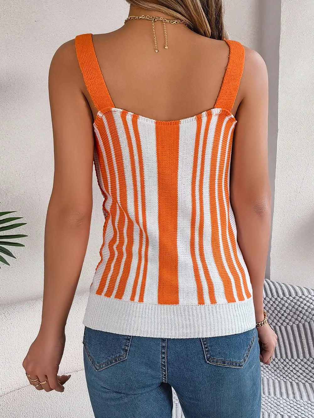 Openwork Striped V-Neck Tank - cas7m
