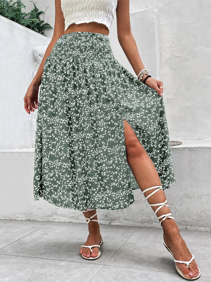Slit Smocked Printed Skirt - cas7m