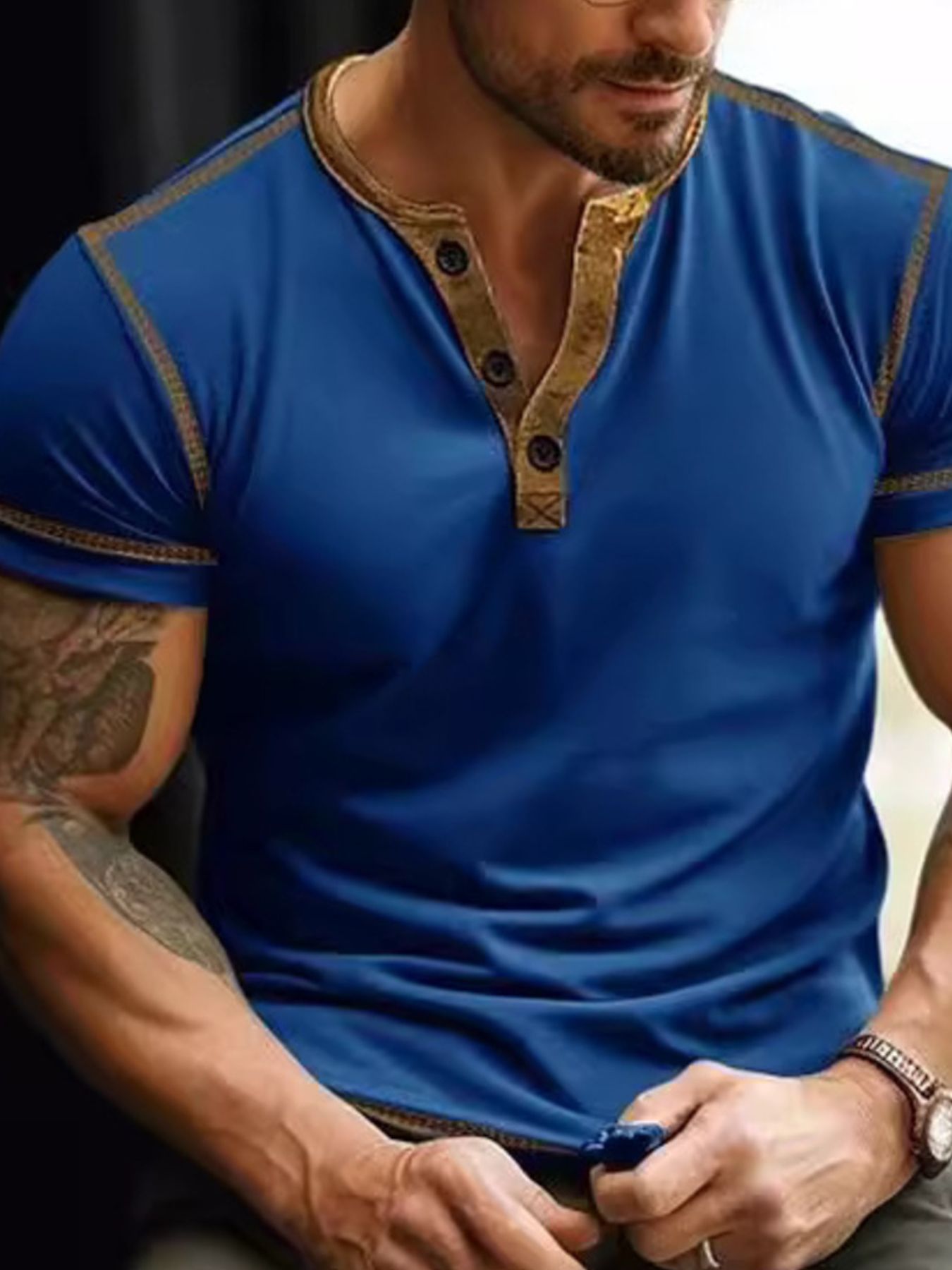 Men's Full Size Button Detail Short Sleeve T-Shirt Plus Size - cas7m