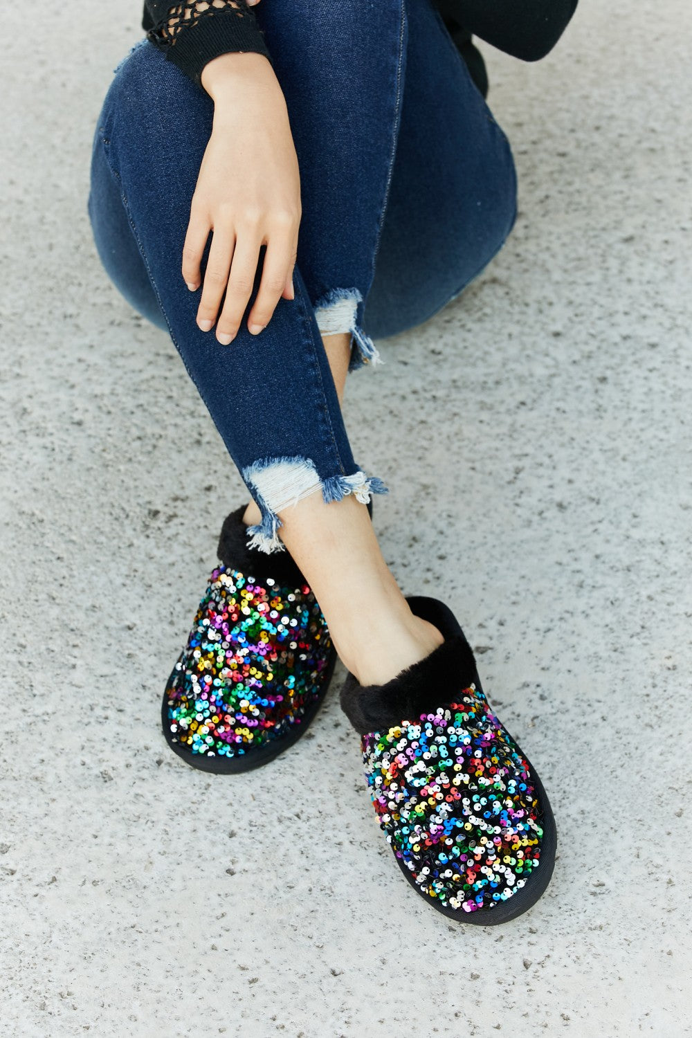 Forever Link Multicolored Sequin Faux Fur Slipper - cas7m