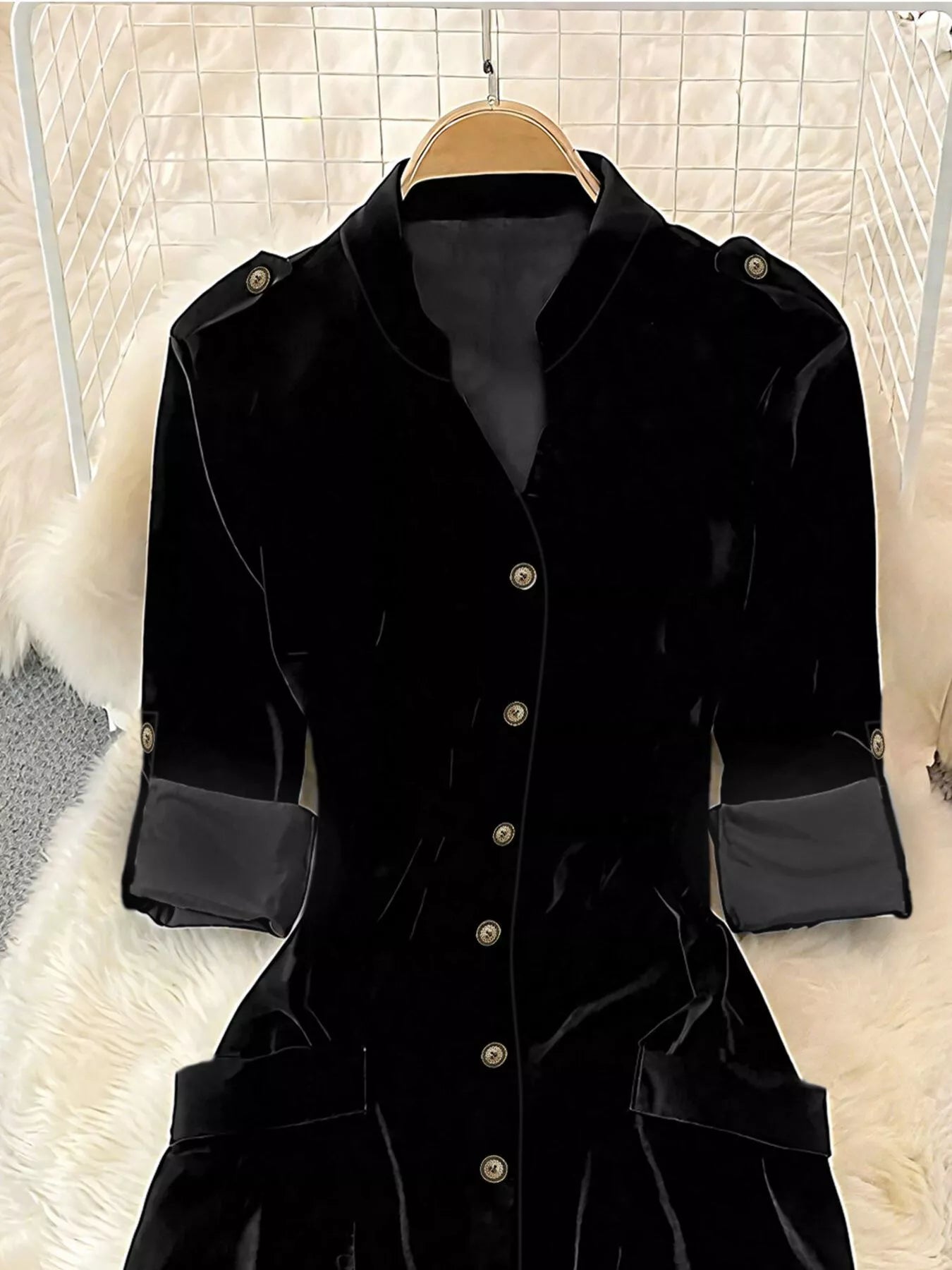 Velvet Button-Down Midi Dress - cas7m