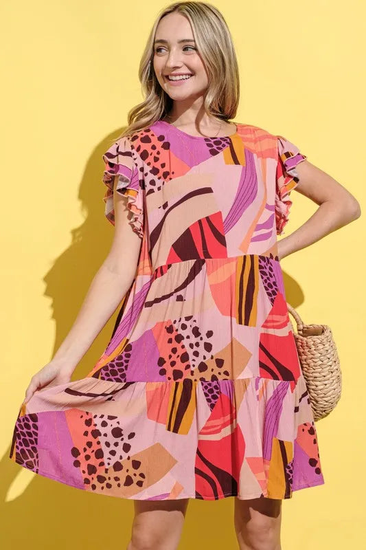 And The Why Printed Double Ruffles Sleeve Dress - cas7m