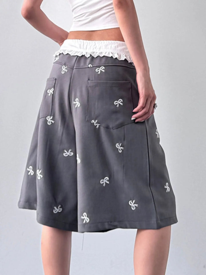 Bow Print Wide Leg Shorts with Contrast Ruffle Waistband - cas7m