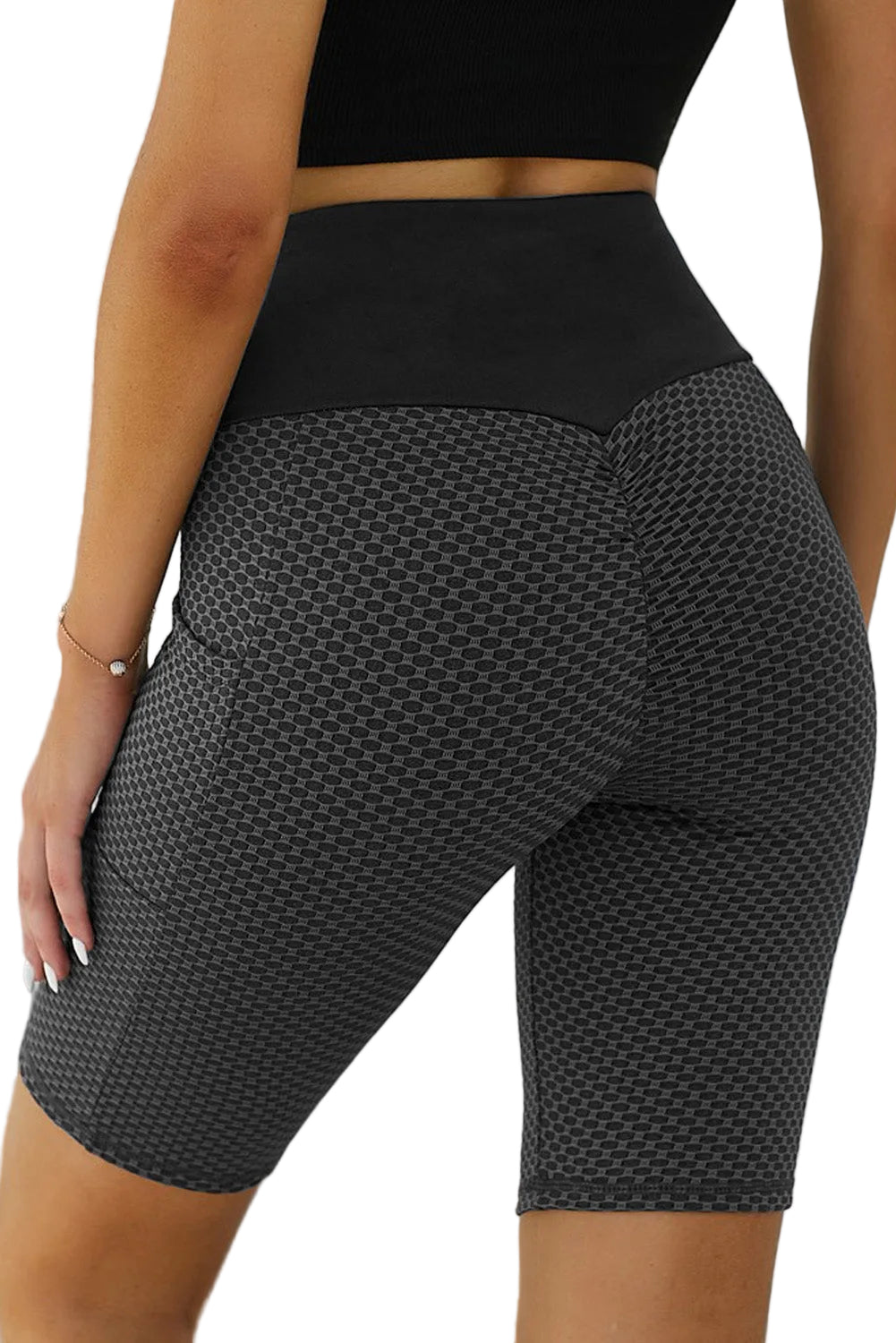 Black Side Pockets Ruched Butt Lifting Yoga Shorts - cas7m