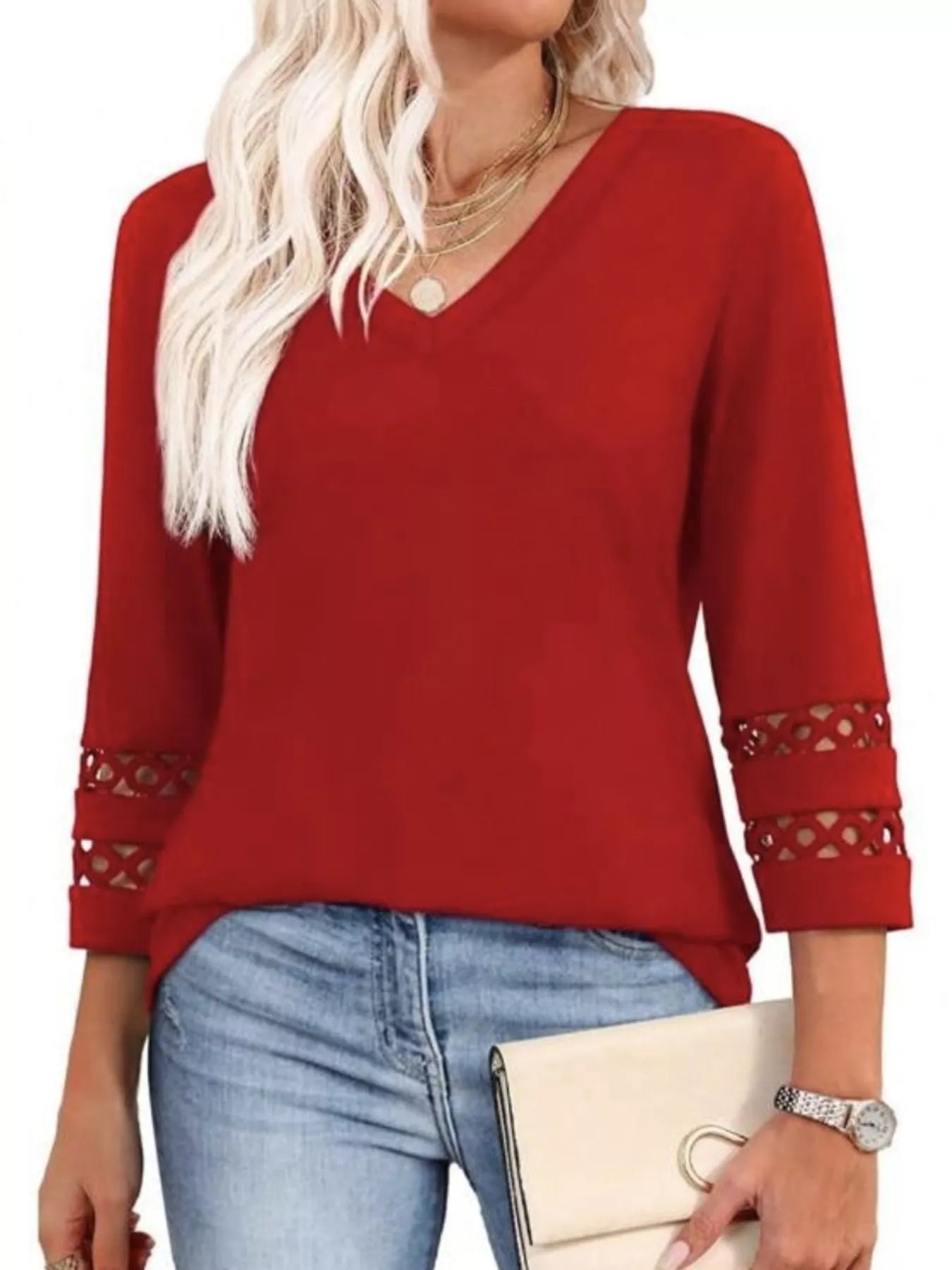 Full Size V-Neck 3/4 Sleeve T-Shirt Plus Size - cas7m