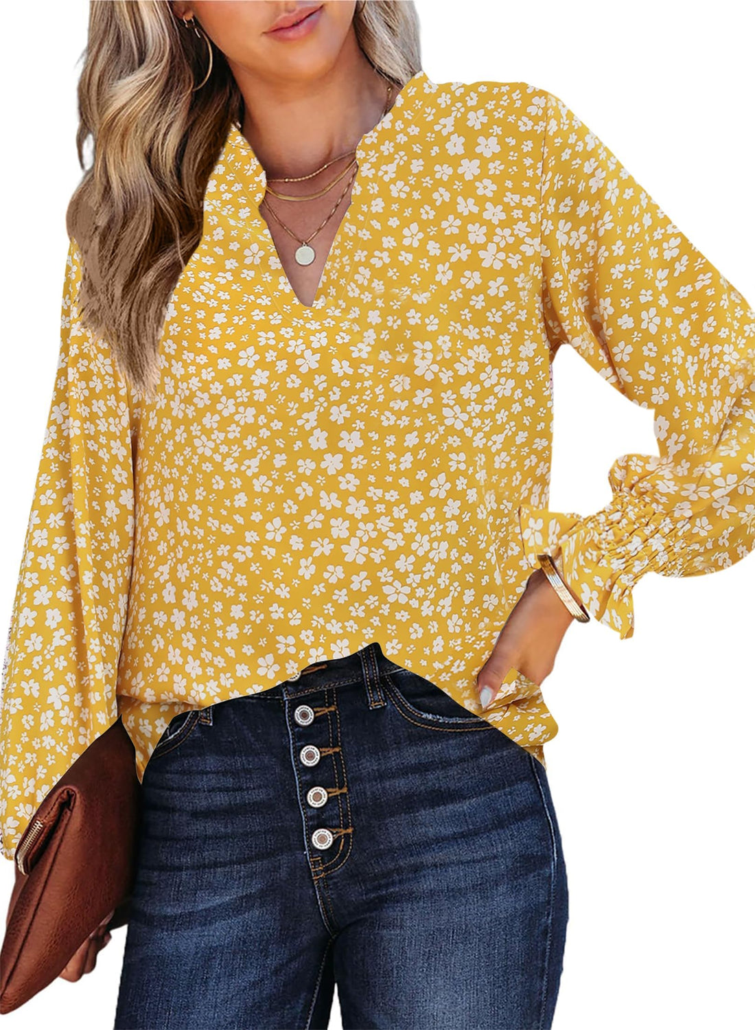 HOTOUCH Womens V Neck Long Sleeve Boho Blouses Dressy Pleated Front Work Shirt Business Casual 2024 Spring Tops Yellow