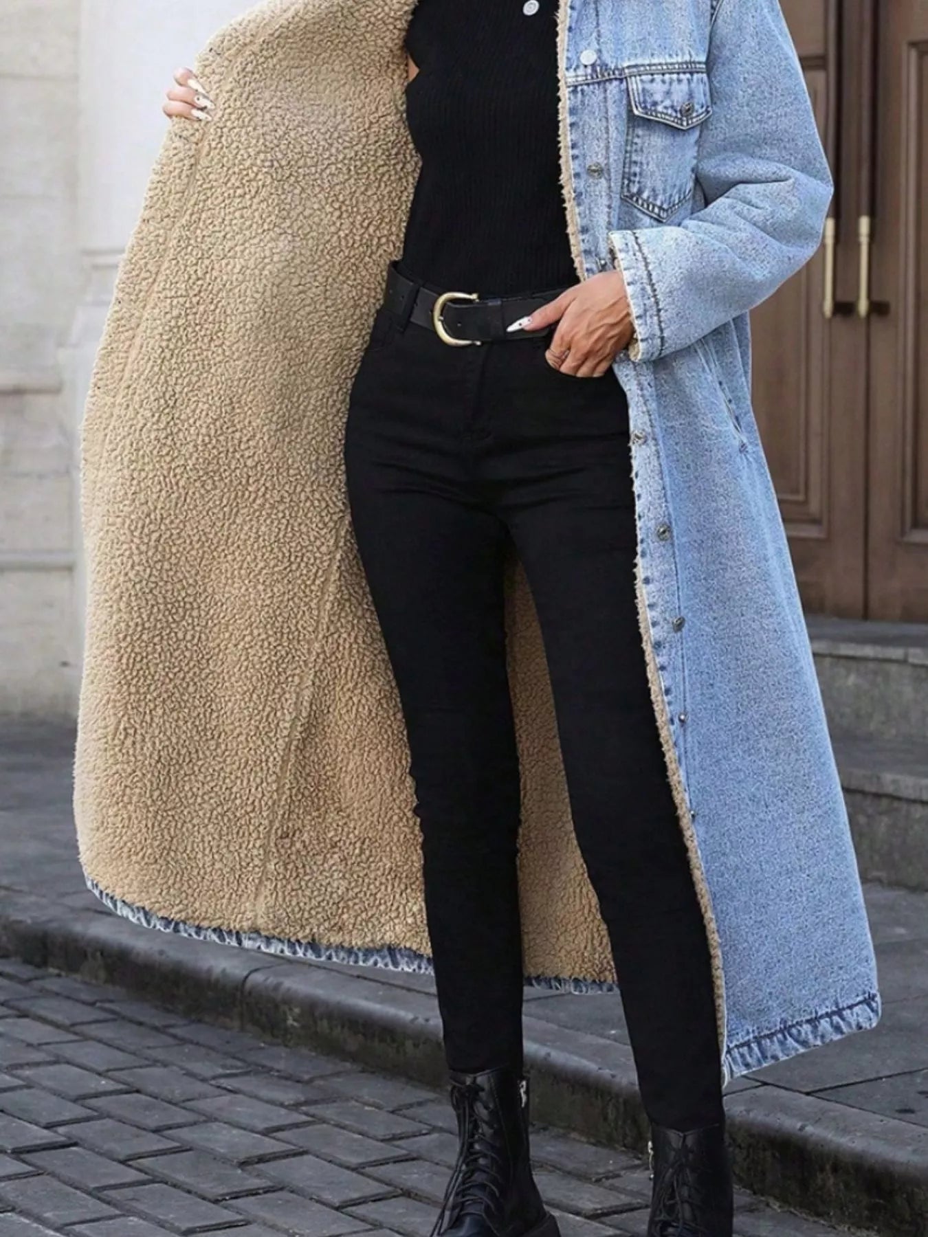 Sherpa Lined Longline Denim Jacket - cas7m