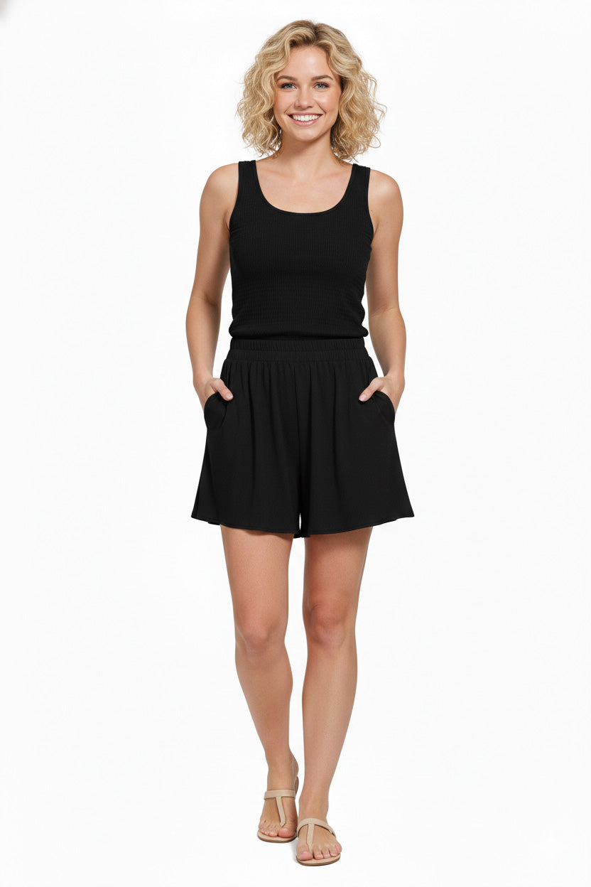 Zenana Woven Elastic Band Shorts With Pocket - cas7m