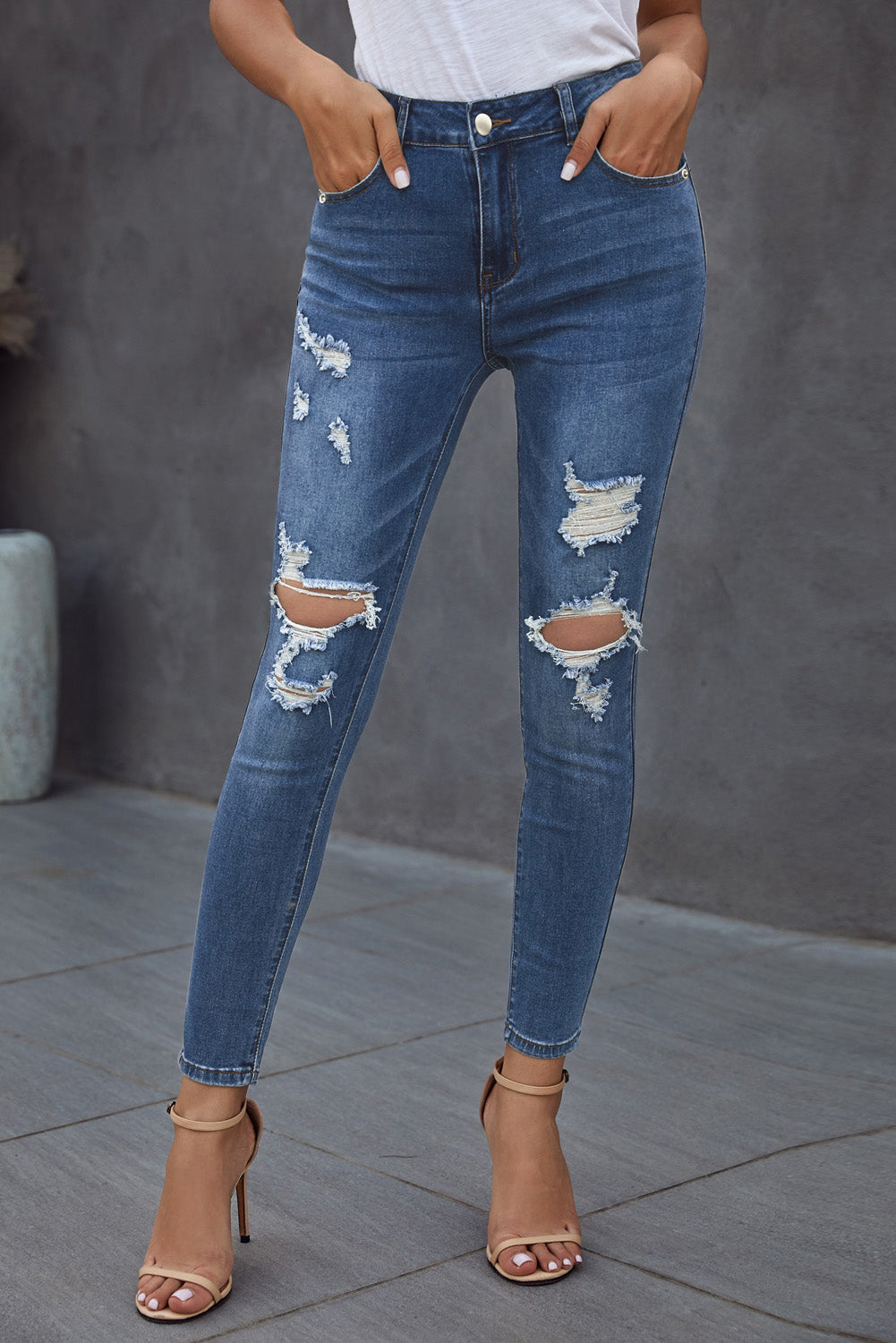 Blue Hollow Out Vintage Skinny Ripped Jeans - cas7m