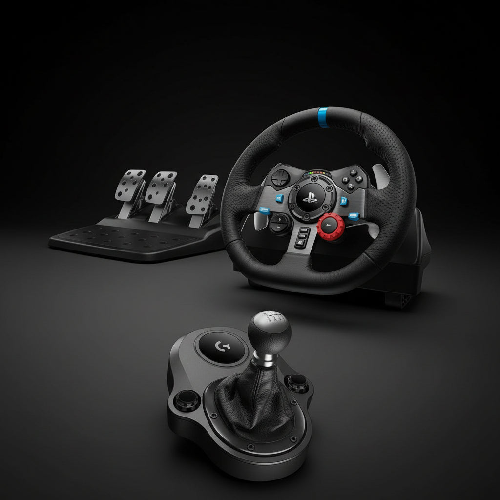 Logitech G29 gaming steering wheel and pedals set on a white background