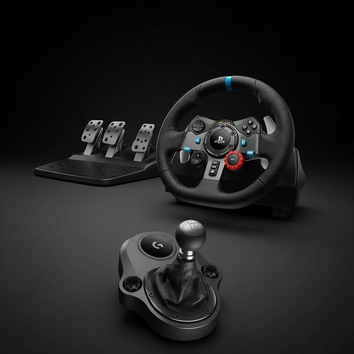 Logitech G29 gaming steering wheel and pedals set on a white background