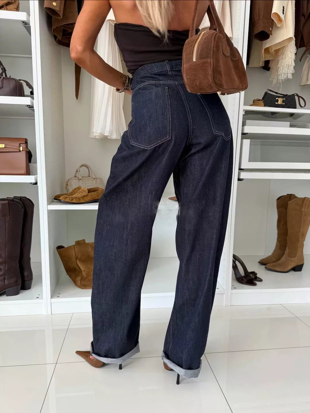 High-Waisted Wide-Leg Washed Jeans - cas7m