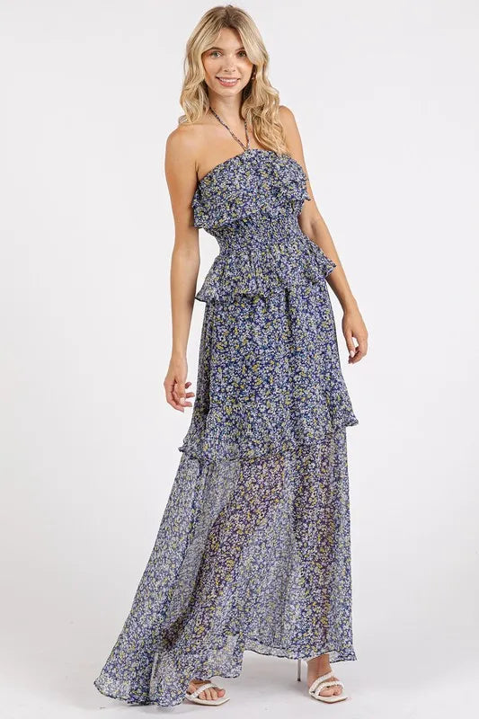 Mittoshop Ruffled Smocked Floral Halter Neck Maxi Dress - cas7m