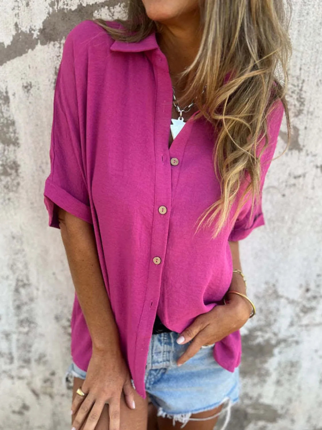 Full Size Collared Neck Half Sleeve Shirt Plus Size - cas7m