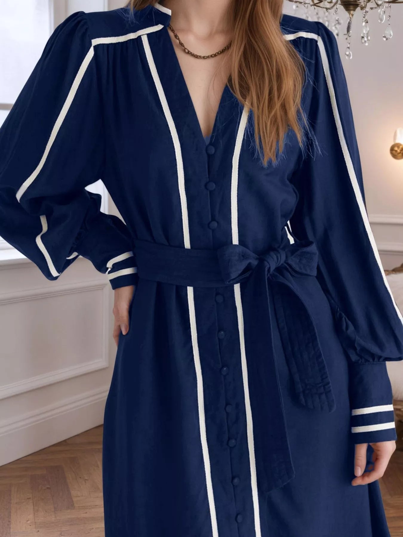 Notched Lantern Sleeve Dress - cas7m