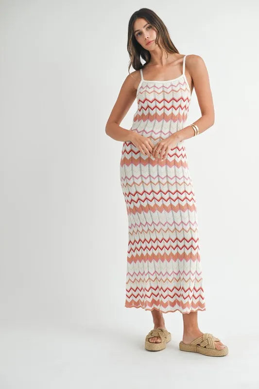 MABLE Lightweight Pointelle Chevron Knit Maxi Dress - cas7m