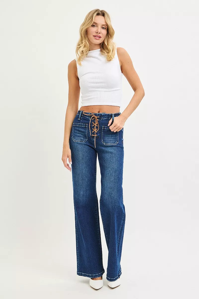 RISEN Full Size High Rise Wide Leg Jeans with Front Tie Detail Plus Size - cas7m