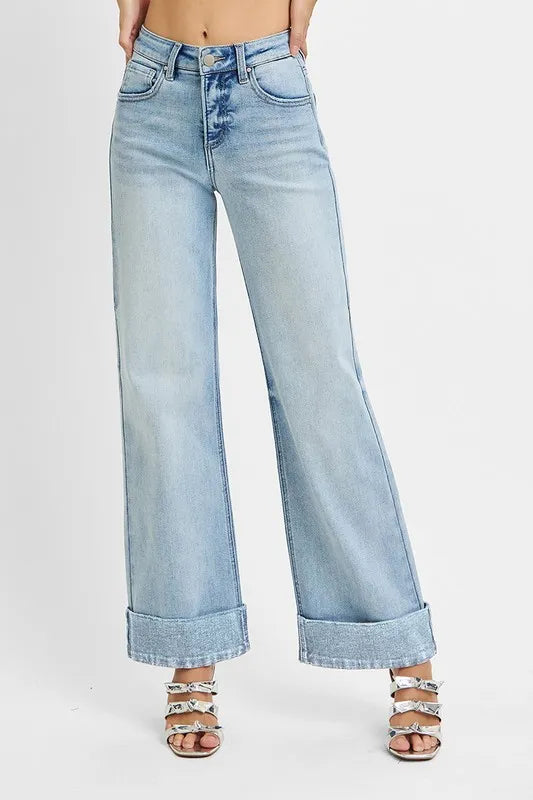 RISEN Full Size Tummy Control High Rise Ankle Wide Cuffed Jeans Plus Size - cas7m