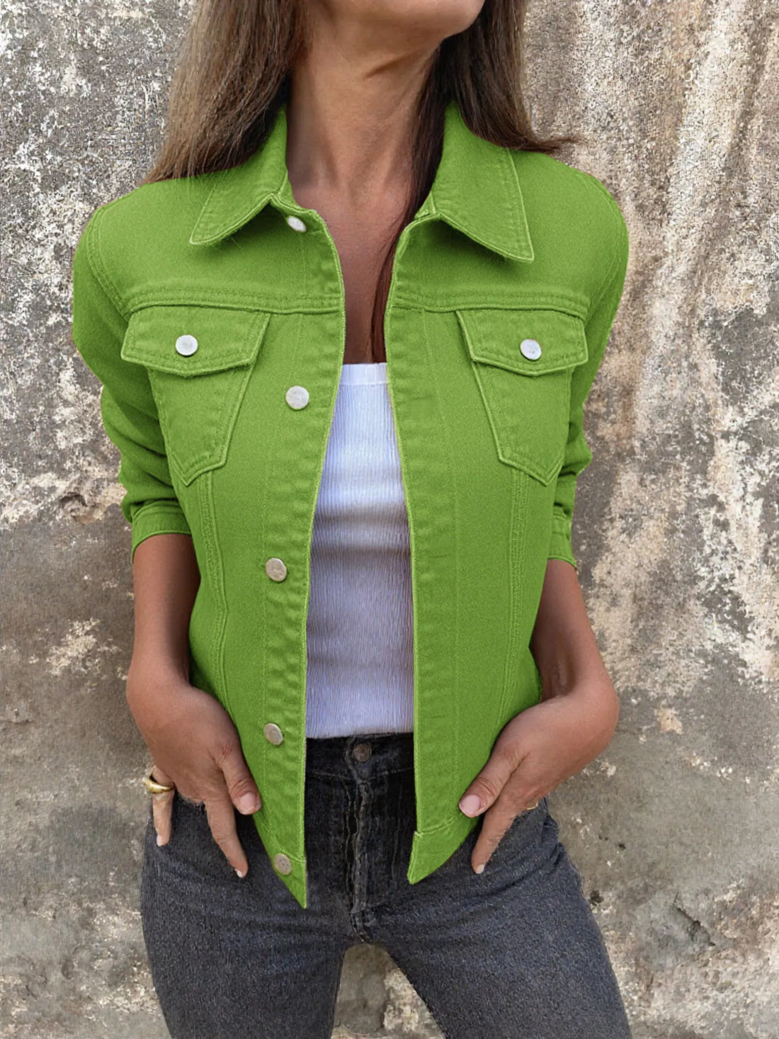 Button Front Closure Denim Jacket - cas7m