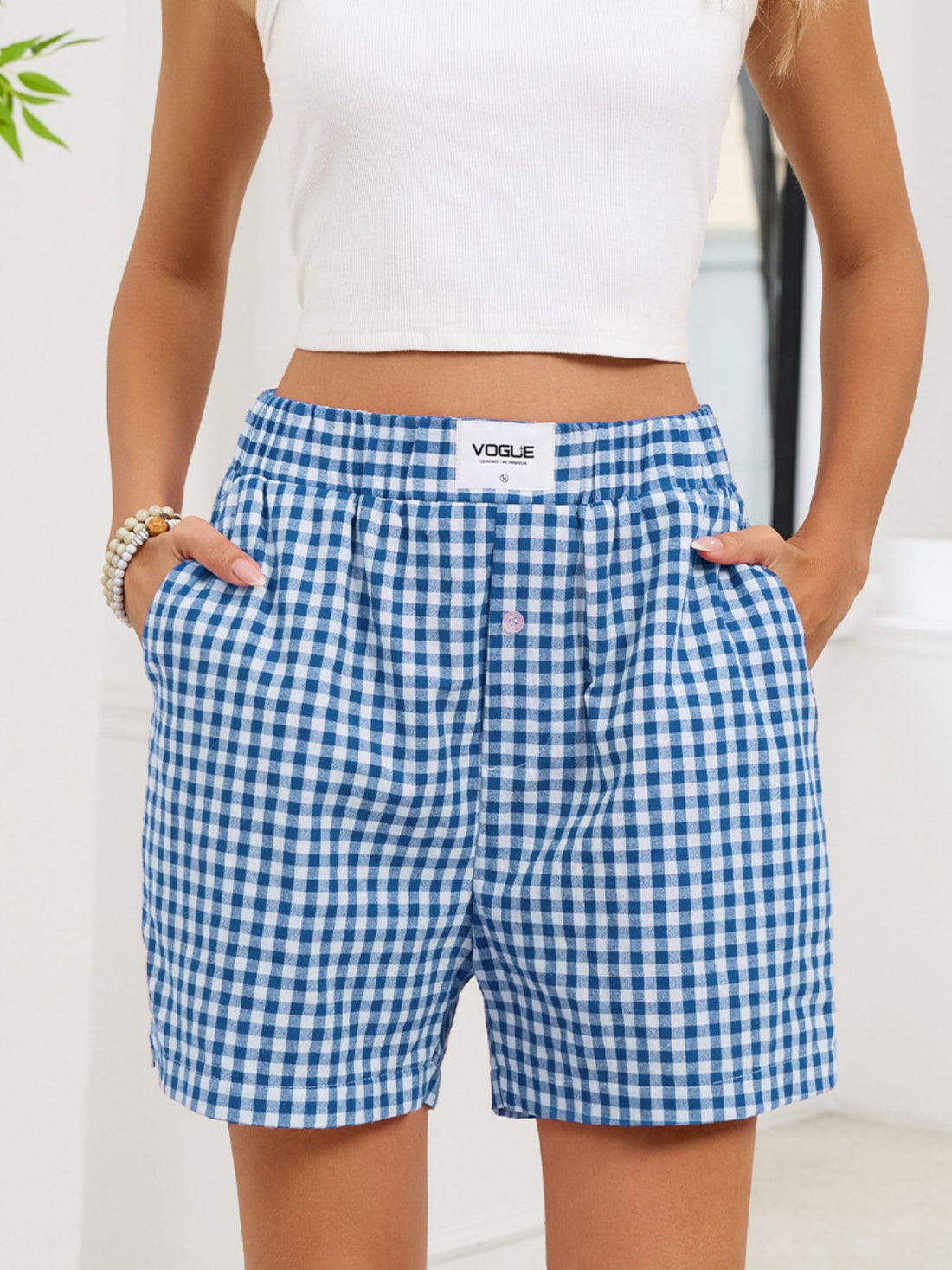 Gingham Elastic Waist Casual Shorts - cas7m