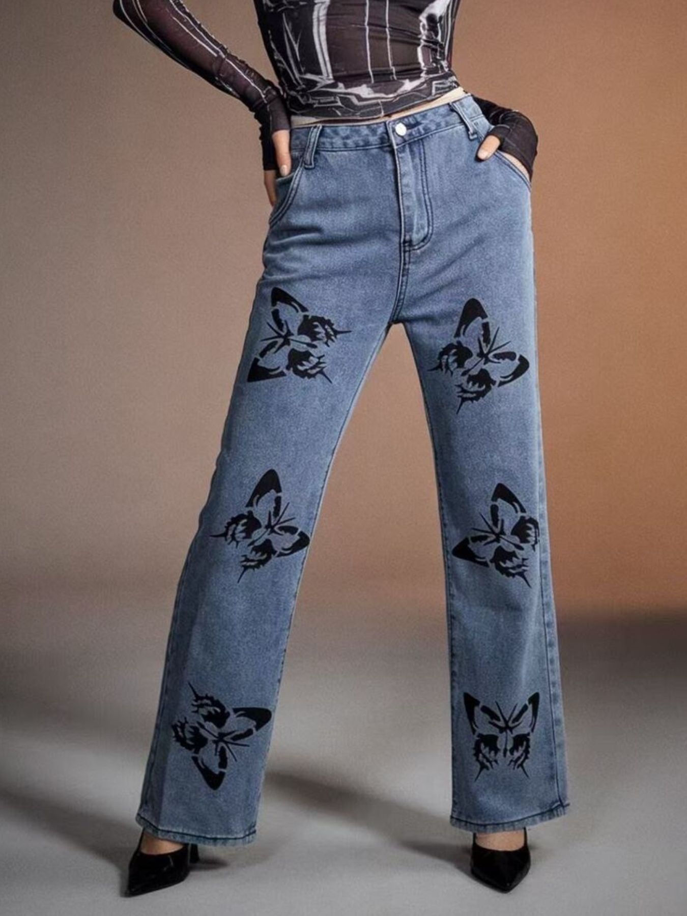 Butterfly Print High-Waisted Wide Leg Jeans - cas7m