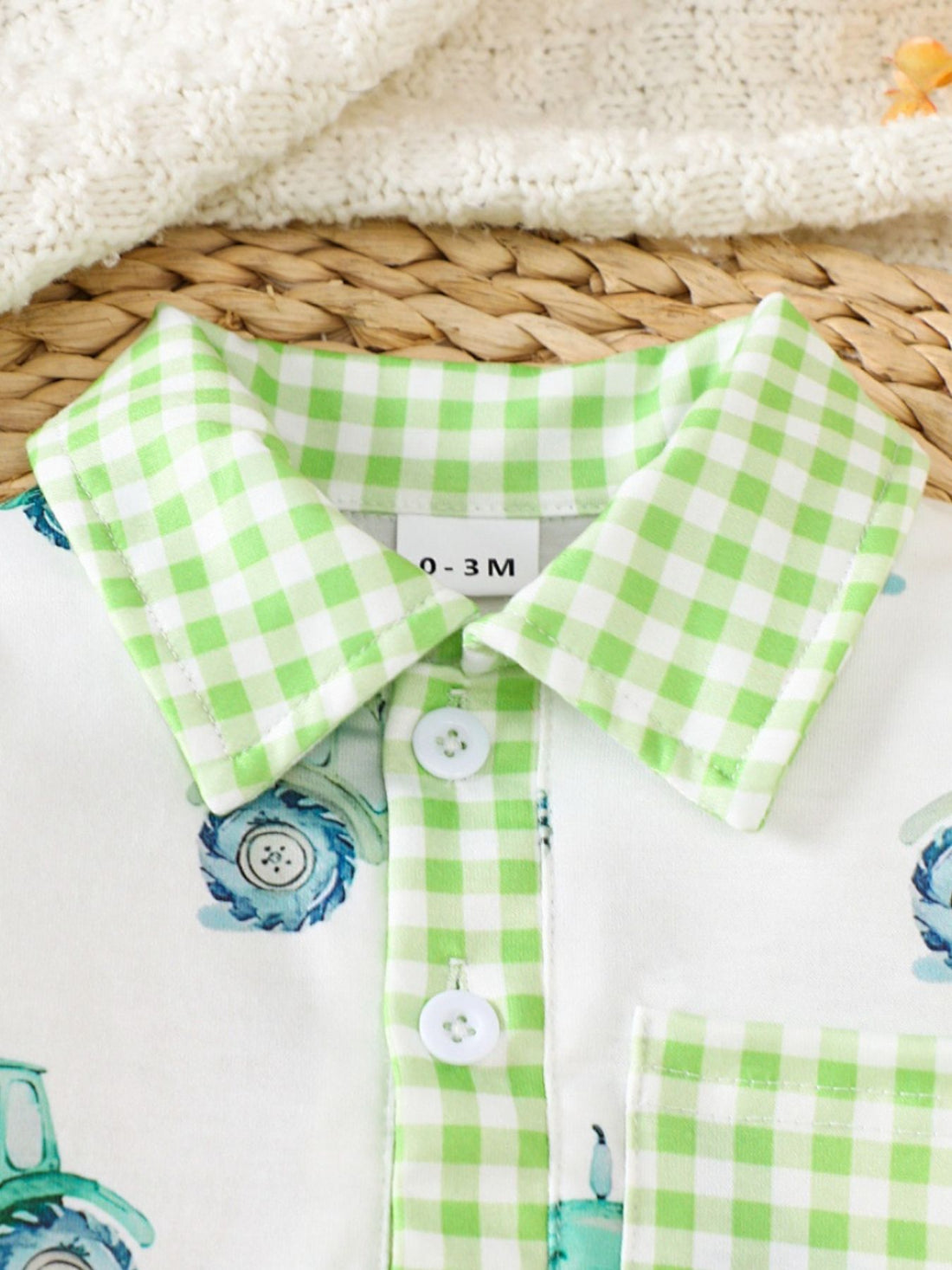Children's Tractor Print Gingham Trim Baby One-Piece - cas7m