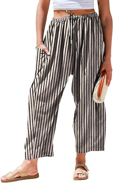 Striped Straight-leg Pants Elastic Waist Cropped Pleated Pants - cas7m
