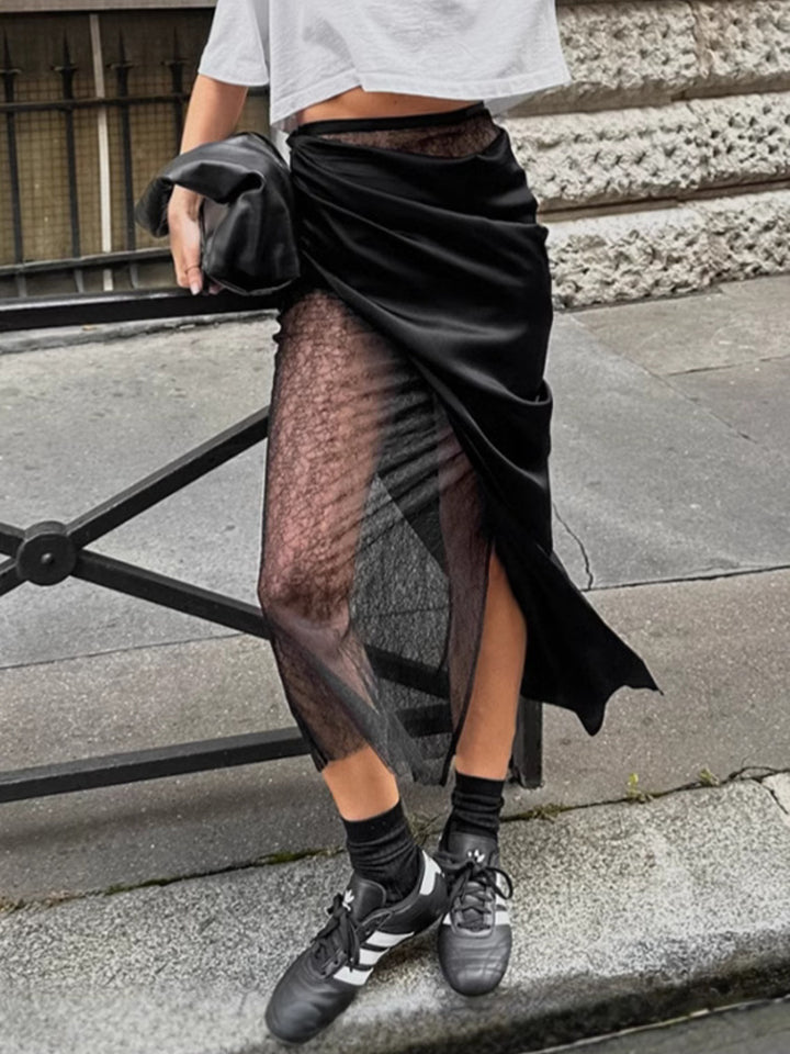 Lace Panel Midi Skirt - cas7m