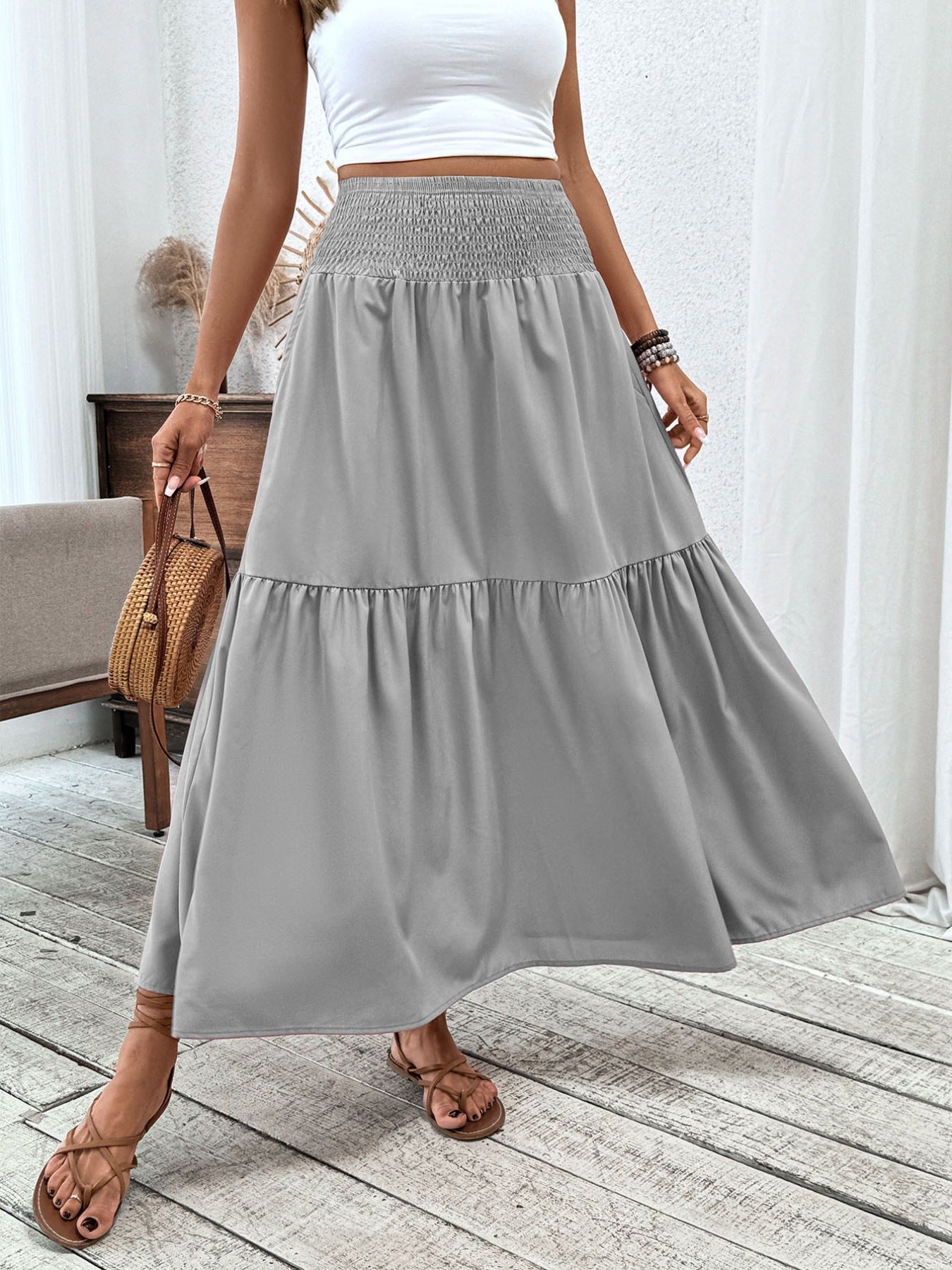 Smocked Waist Tiered Skirt - cas7m